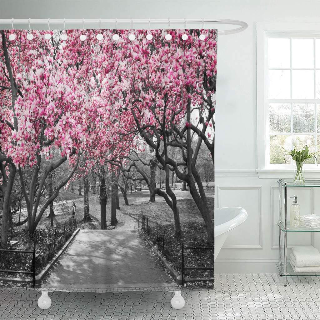 패브릭 샤워 커튼 후크 센트럴 파크의 포레스트 핑크 꽃 흑백 풍경 뉴욕시 사후 세계/Fabric Shower CurtainHooks Forest Pink Blossoms in Central Park Black and White Landscape New York